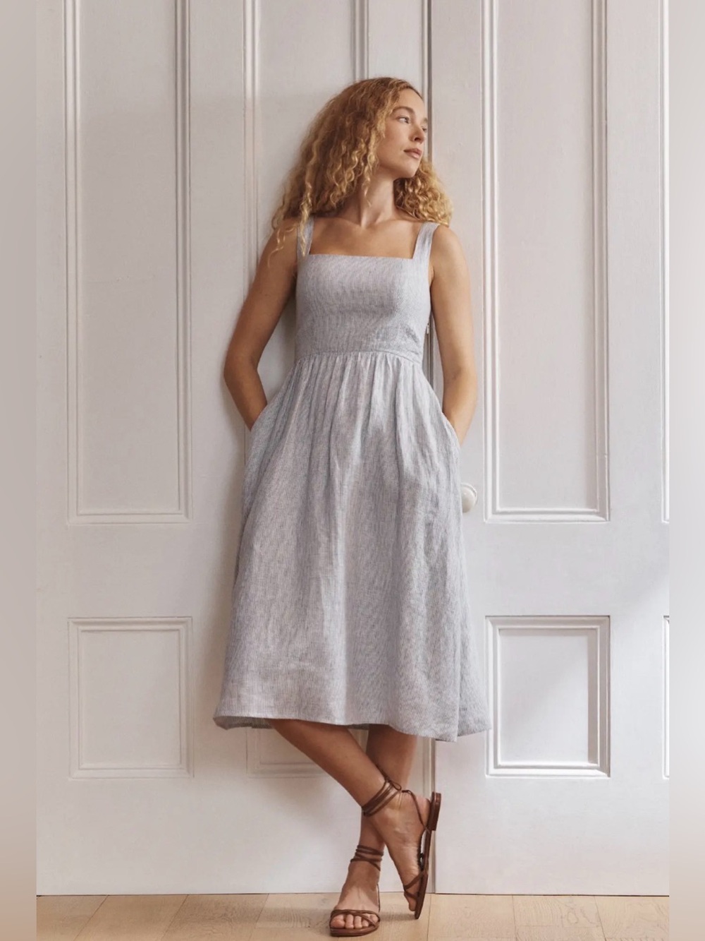 Quince 100% Linen Square-Neck Midi Dress in Pinstripe